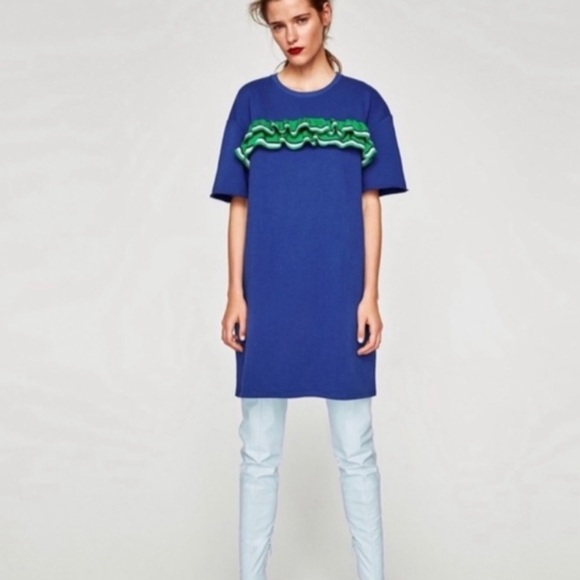NWT Zara Trafaluc Royal Blue Oversized Sporty Top with Kelly Green Ruffle Sz S - Picture 2 of 7